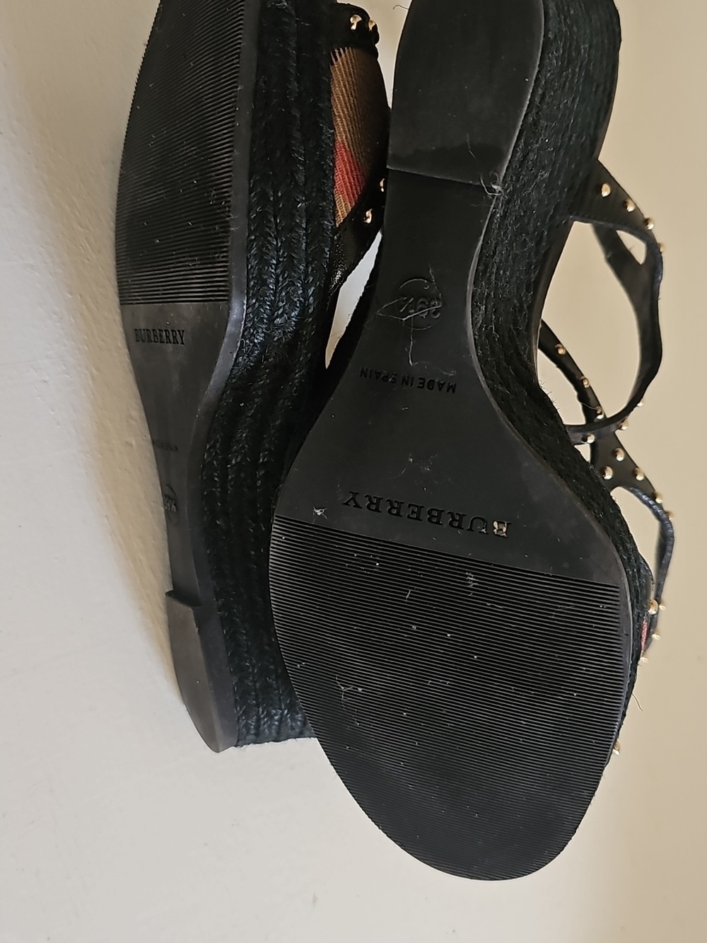 Burberry Beige/Black Check Leather and Canvas Espadrille Wedge Sandals Size 39.5 - Picture 8 of 10